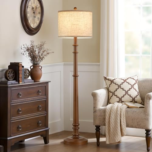 Image of Floor Lamps for Living Room - 60 inch Farmhouse Floor Lamp with Adjustable Color Temperatures - Vintage Standing Lamp Reading Light with Linen Shade Rustic Tall Lamp for Bedroom Office, Dining Room, Wood