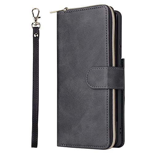 Hülle für Samsung Galaxy S21 Ultra mit Kartenfach, Reißverschlusstasche Geldbörsenhülle Flip Lederhülle Mit Handschlaufe Tragetasche,Schwarz
