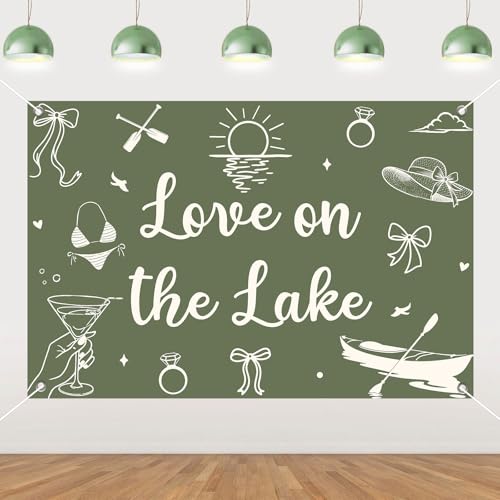 Love on The Lake Backdrop - Green Lake Bachelorette Party Decorations,Camping Lake Bach Bachelorette Party Decor Lakeside Theme Banner for Bridal Shower, Engagement Party Photo Background 5x3ft