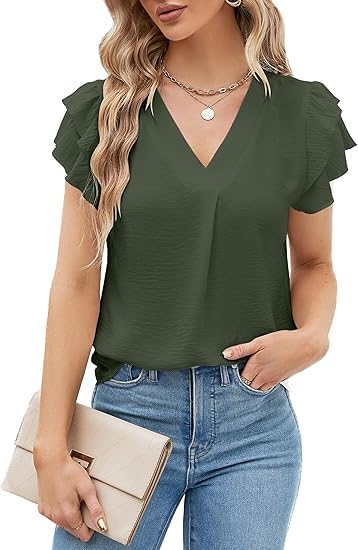 BUNSLOOM Damen Bluse Chiffon Sommer Kurzarm V-Ausschnitt Puff Ärmel Casual Elegante Arbeitsbluse Top Büro Arbeitskleidung