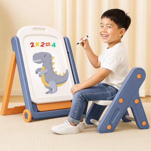 Image of Little Olive Kids Table Chair and Drawing Board with Easel | 2 in 1 Magnetic Activity Station for Toddlers | Foldable Plastic Desk with Storage Tray for Creative Learning Yellow Blue