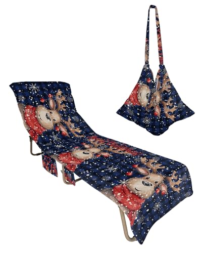 Christmas Elk Beach Lounge Chair Towel Cover, Soft Chaise Lounge Towel with Side Pockets Patio Pool Chairs Cover for Beach/Pool Sunbathing 29x85 Blue Black Plaid Xmas Deer Snowflake