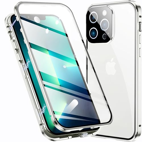 Coque iPhone 15 Pro magnétique en métal argenté avec verre trempé 360
