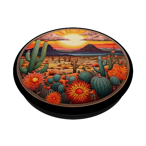 Desert Nature Landscape Scene Cactus sun mountains PopSockets Swappable PopGrip, Black - Image 2