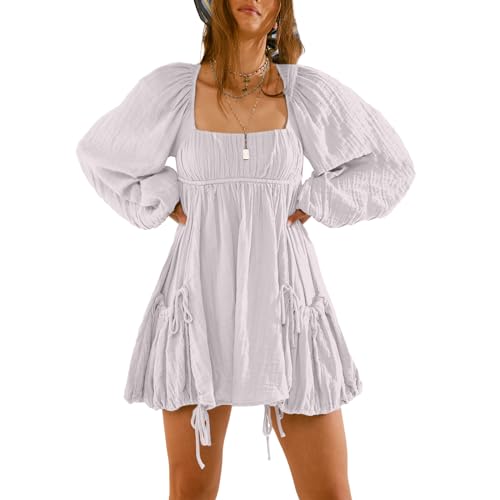 Image of Shiyifa Women's Summer Mini Dress Casual Square Neck Long Sleeves Loose Sundress with Pockets