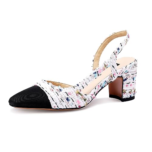 MIRAAZZURRA Zapatos de oficina con punta redonda cerrada Tacón bloque de dos colores casuales de tacón grueso para mujer, Tweed Multicolor, 41 EU