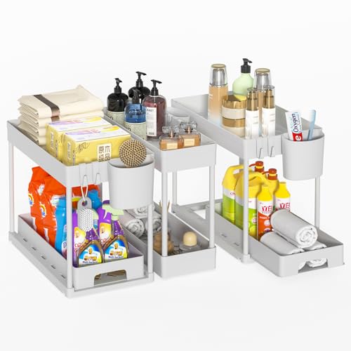 Under Sink Organizer, 3 Pack Pull Out Under Sink Storage, 2 Tier Multi-Purpose Sliding Under the Sink Organizer Bathroom Kitchen Sink Organizer Under Cabinet Shelf for Cleaning Supplies - White