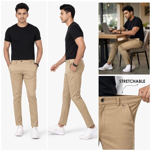 Image of Men's Chinos Stretchable Trousers with Expandable Waist - Lycra Cotton Blend Formal Casual Pants | Skin Friendly Solid Regular Fit