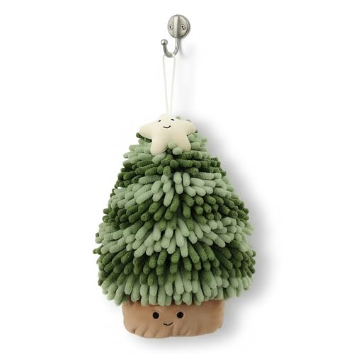BROSUYU Christmas Tree Shape Hand Towel – Fuzzy Ball Hand Drying Puff, Soft Chenille Fuzzy Hand Towel for Kitchen & Bathroom, Cute Holiday Decorative Towel, Machine Washable