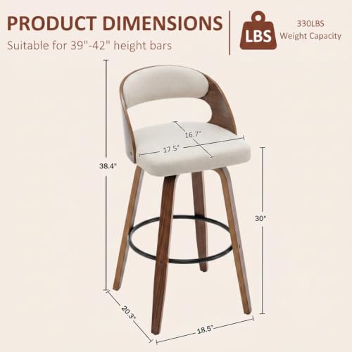 Image of AQG Swivel Bar stools Set of 1 Bar Chairs 30 inch Counter Height Mid-Century Modern Bentwood Barstool Faux Linen Upholstered Bar Chair with Back and Footrest, for Bar, Cafe, Dining, Kitchen Island, Beige