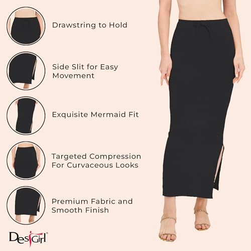 Image of DESI GIRL Cotton Lycra Stretchable Saree Shapewear Petticoat with Drawstring for Women | Fishcut Saree Petticoat with Side Slit for Easy Movement | Saree Shaper | Long inskirt