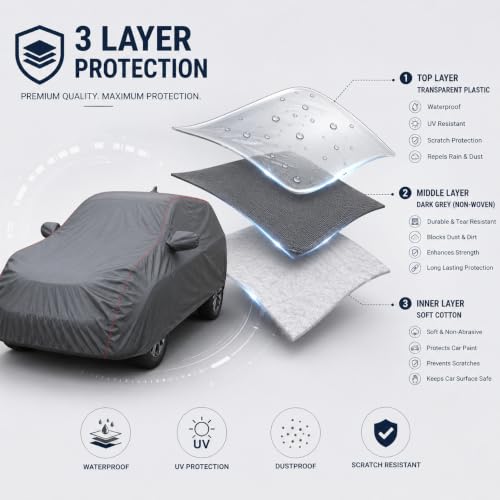 Image of Car Cover for Baleno, Darkgrey, Waterproof, Dustproof, UV Ray Protection, with Mirror and Antenna Pocket, Elastic Hem and Buckle Belt