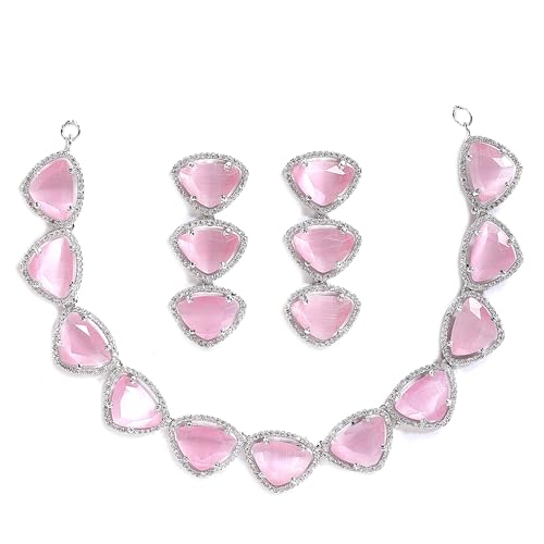Image of ZENEME Rhodium Plated Silver Toned Triangular Shaped American Diamond Studded Jewellery Set For Women and Girl