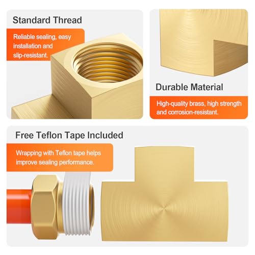 Image of GASHER 1 Pcs Brass Barstock Tee, 3 /8 inch x 3 /8 inch x 3 /8 inch NPT Female Pipe Fittings
