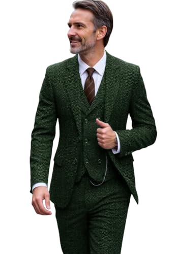 Men's Herringbone 3-Piece Suit Double-Breasted Business Casual Tuxedos Tweed Suit for Wedding