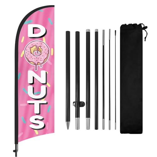 FSFLAG Bandera de plumas de donas con kit de asta de bandera y estaca de tierra, bandera de donas de 8.2 pies, letrero de bandera de negocios para publicidad al aire libre