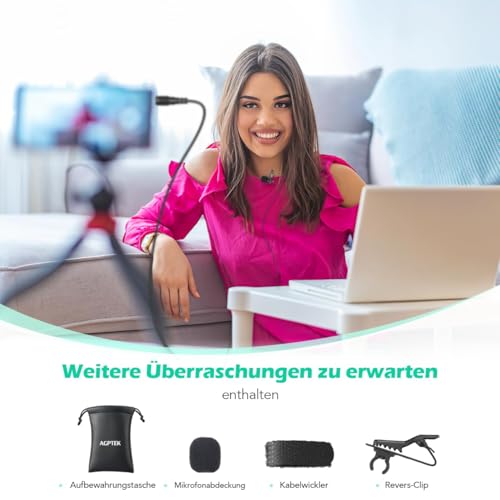 AGPTEK Lavalier Mikrofon, 2m Mini Omnidirectional Kondensator mit 2 Transformation und Type C Adapter und Windschutz für Interview, Videokonferenz, Podcast, Diktat usw.