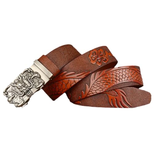 Ceinture motif dragon en relief et boucle gravée argent pour homme