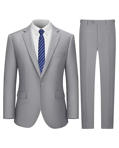 LUPURTY Mens 2 Piece Suits Slim Fit One Button Blazer Jacket Pants Tuxedo Set with Tie for Prom Wedding and Business Grey