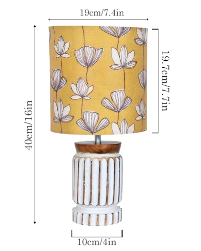 Image of Homesake Retro Farmhouse Table Lamp for Living Room Bedroom Rustic Linen Bedside Nightstand Lamps for Kids Room Study Office Wood, Carved Cylinder, (Hibiscus)