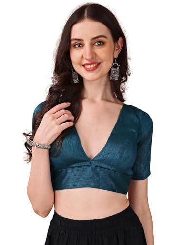 Image of Womanista Women's Dupion Silk Half Sleeve Solid V Neck Readymade Saree Blouse Stylish