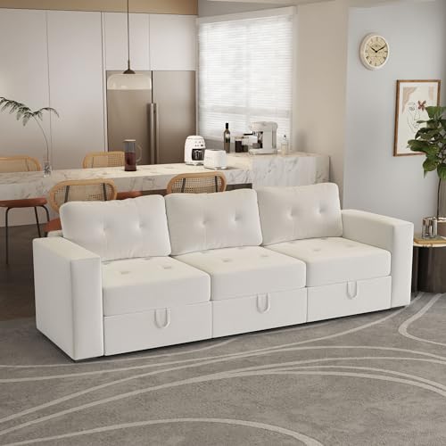 Image of QHITTY Modular Sofa, 3 Seater Accent Couch with Hidden Extra Large Storage Space for Living Room, Beige White