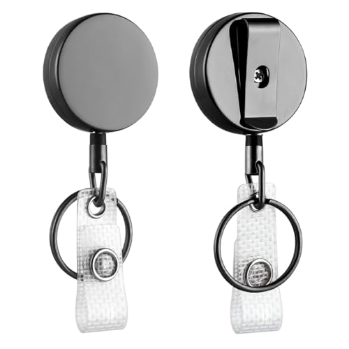 2 Pack Heavy Duty Retractable Badge Holder Reel, Will Well Metal ID Badge Holder with Belt Clip Key Ring for Name Card Keychain [All Metal Casing, 27.5" Steel Wire Cord, Reinforced Id Strap]