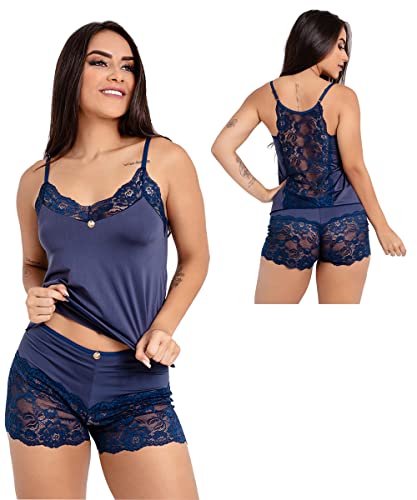 Pijama IMI Lingerie Baby Doll Short Doll Renda Microfibra Danusa Cor:Marinho;Tamanho:M