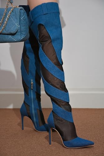 Cape Robbin Mesh Denim Thigh High Boots for Women - Over Knee Boots - Blue Thigh High Boots (Mandali)4