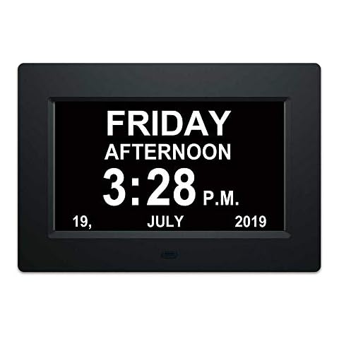 LOEFME 7 Inch LED Digital Day Calendar Alarm Clock 12 Alarms,Non-Abbreviated Day & Month, Dementia Clock, Memory Loss Clock for Dementia Sufferers Black Cover