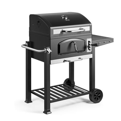 Vonhaus Charcoal Bbq – Xl Portable Barbecue With Warming Rack, Fold Down Shelf, Temperature Gauge, Wheels, Large Cooking Grill, Air Vents – 2 In 1 Barbeque And Wood Smoker – Grill Meat, Fish & Veg