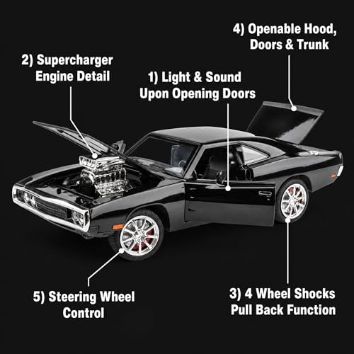 Image of Dodge Charger 1:24 Scale Die Cast Metal Car - Pull Back Classic Muscle with Openable Doors, Hood & Trunk, Lights & Sound, Collectible Showpiece for Kids 6+ & Car Enthusiasts