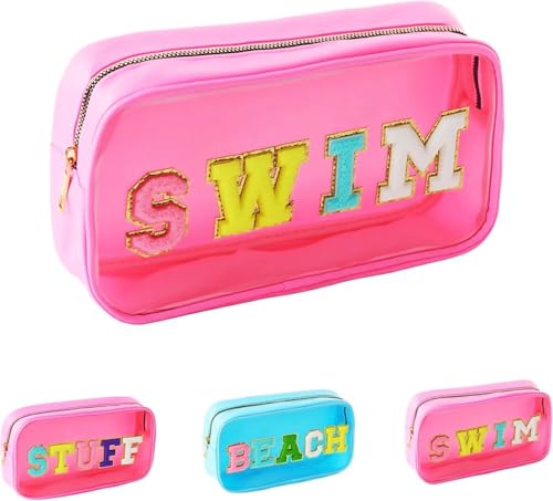 Swim Chenille Letter Makeup Bag,Waterproof Cute Women Clear Cosmetic Bags Sunscreen Organizer for Beach Pool Swimming Team Swimmers,Travel Toiletry SPF Zipper Pouches for Teen Girls (PINK-SWIM)