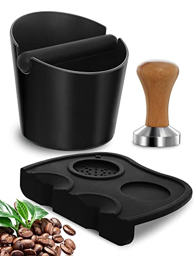 Gevi Coffee Knock Boxo,51mm Wooden Handle Stainless Steel Calibrated Espresso Tamper,Silicone Coffee Tamper Mat,3PCS Coffee Set