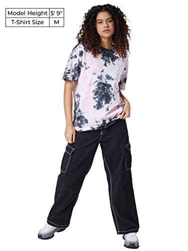 Image of The Souled Store|Tie Dye: Grey & Black Women and Girls T-Shirts|Loose fit Tie Dye Printed| Half Sleeve|80% Cotton 20% Polyester Grey and Black Color Women Boyfriend T-Shirts