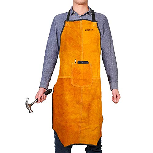 Holulo Bib Apron Weld Premium Yellow Split Cowhide Leather Welding Apron 24-Inch x 36-Inch