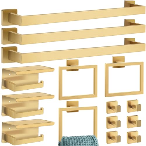 Image of 15 Pcs Bathroom Accessories Set, 24 Inch Bathroom Hardware Set, Stainless Steel Bath Towel Bar, Towel Racks, Robe Hook, Toilet Paper Holder with Phone Shelf Wall Mounted for Gifts (Gold)