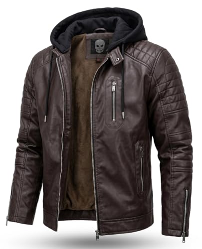 Image of Blaq Ash Men's Faux Leather Biker Jacket with Removable Hood, Quilted Shoulder, Dark Brown