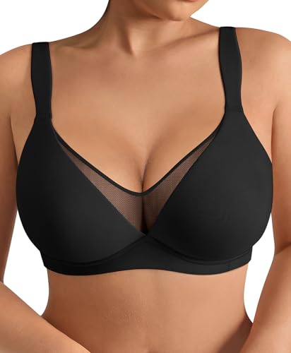 FeelinGirl Minimizer Bras for Women Full Coverage Wide Strap Unlined Bra with Underwire for Heavy Breast Black 34DDD