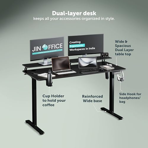 Image of JIN OFFICE Ascend Electric Height Adjustable Desk with Monitor Riser| Standing Desk with Cup Holder | 3 Year Warranty,80 KG Wt. Cap, Memory Presets| Sit Stand Ergonomic Desk 1400 * 600mm Black Top