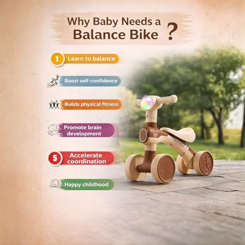 Image of Mini Bloom First Balancing Bike for Kids | No Pedal Manual Push Bike | Musical Balance Bike with LED Light | Suitable for 1-3 Years | Max Capacity 20kg | Brown | KB-157