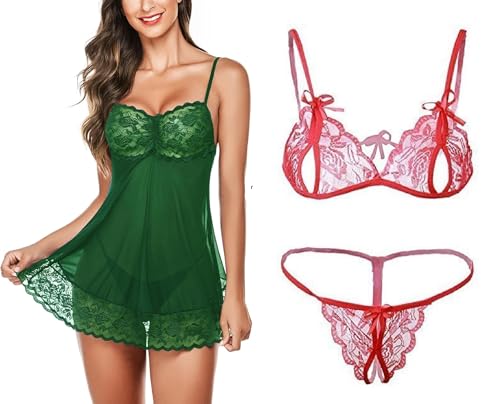Image of SSoShHub Lace Babydoll Lingerie Sexy Mini Chemise Mesh Wedding Nightie Bridal Nightdress with Bikini
