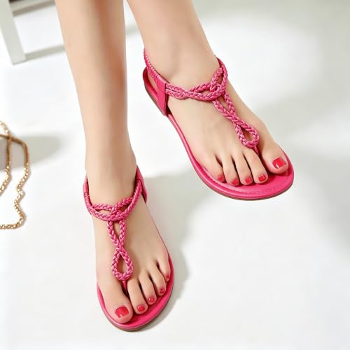 Image of iCKER Womens Braided T‑Strap Flat Sandals Elastic Stretch Ankle Strap | Boho cute casual lightweight and comfort matches dresses for beach vacation