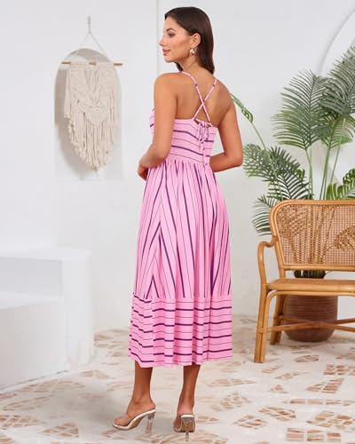 Image of Fashionme Womens Summer Maxi Dresses 2026 Trendy Striped Vacation Boho Beach Spaghetti Strap Sundress Back Tie with Pockets