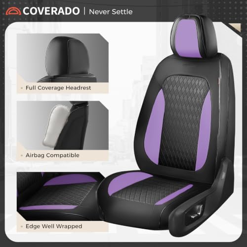 Image of Coverado Car Seat Covers Full Set, Leather Seat Covers for Cars, Waterproof Car Seat Protectors, Front and Back Car Seat Cushions Automotive Seat Covers Universal Fit for Most Cars, Black&Purple