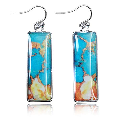 D.Rosse Unique Indian Ethnic Turquoise Square Dangle Drop Earrings Boho Gypsy Retro Colorful Geometric Bar Vintage Silver Hook Earrings for Women Girls
