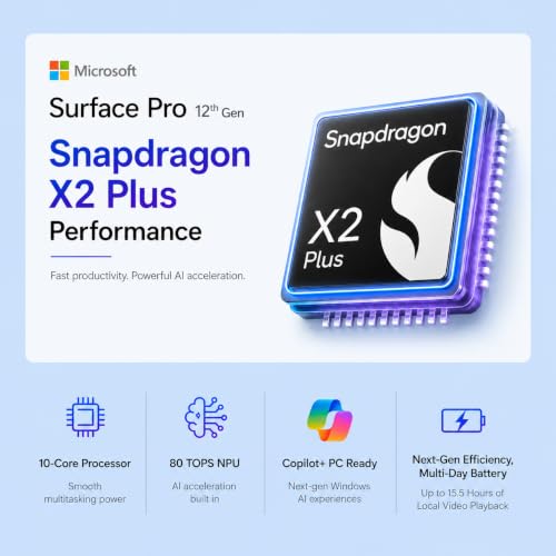 Image of Microsoft Surface Pro 2026, 13 inch 2-in-1 Laptop Tablet (12th Gen), 3K 120Hz Touchscreen, Snapdragon X2 Plus AI Copilot+ PC, Wi-Fi 7, USB4, 16GB RAM, 512GB SSD, KB, Pen, MS365, Windows 11, Platinum