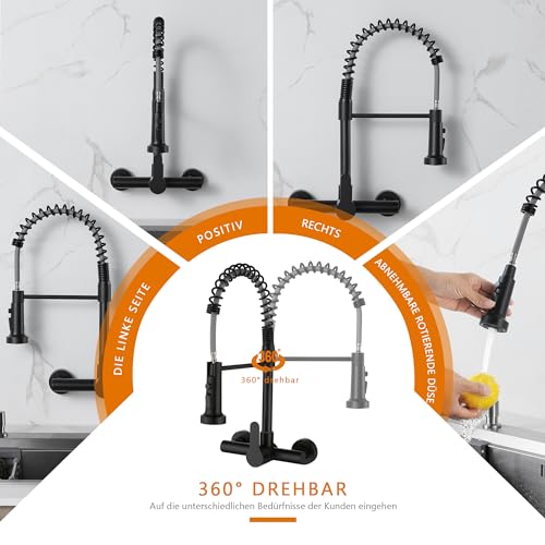 LIWEIKE Küchenarmatur Wandmontage, 360° Drehung Wasserhahn Schwarz Küche mit 2 Strahlarten Wasserhahn Wandmontage