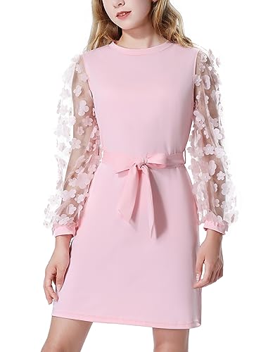 Mebius Girls Appliques Mesh Sleeve Dresses with Pockets Puff Sheer Long Sleeve Bodycon Belted Dress for Party 6-12Y