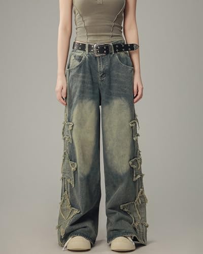 BAIMORE Women's Y2k Grunge High Waist Washed Distressed Star Patch Wide Leg Baggy Jeans2